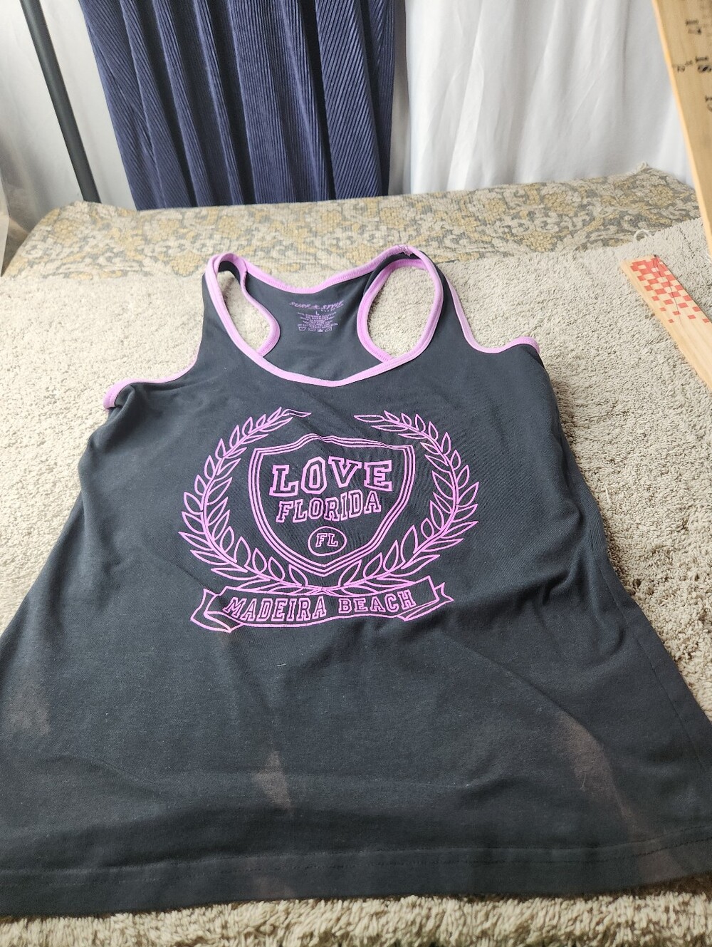 Women's "Love Florida" Racerback Tank Top - Black W/Pink - Surf Style - L